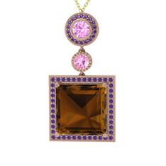 Toprak Kolye - Dumanlı kuvars, pembe kuvars ve ametist 14 ayar rose altın kolye (40 cm altın rolo zincir) #5td3du