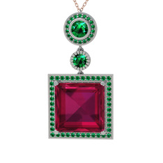 Rodolit garnet ve yeşil kuvars 14 ayar beyaz altın kolye (40 cm rose altın rolo zincir)