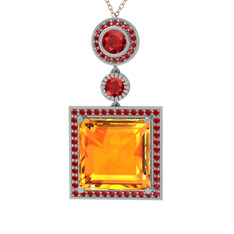 Sitrin ve garnet 14 ayar beyaz altın kolye (40 cm gümüş rolo zincir)