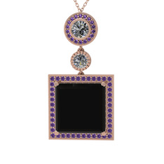 Siyah zirkon, beyaz zirkon ve ametist 8 ayar rose altın kolye (40 cm rose altın rolo zincir)