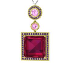Toprak Kolye - Rodolit garnet, pembe kuvars ve ametist 14 ayar altın kolye (40 cm gümüş rolo zincir) #6e8cwt