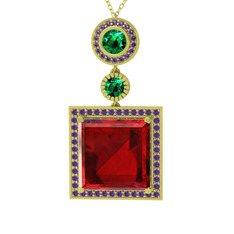 Toprak Kolye - Garnet, yeşil kuvars ve ametist 925 ayar altın kaplama gümüş kolye (40 cm gümüş rolo zincir) #6k6hei