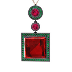 Toprak Kolye - Garnet, rodolit garnet ve yeşil kuvars 925 ayar siyah rodyum kaplama gümüş kolye (40 cm gümüş rolo zincir) #6ood7g