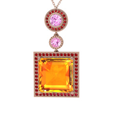 Sitrin, pembe kuvars ve garnet 18 ayar rose altın kolye (40 cm rose altın rolo zincir)