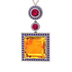 Sitrin, rodolit garnet ve ametist 925 ayar gümüş kolye (40 cm rose altın rolo zincir)