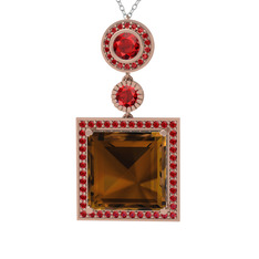 Dumanlı kuvars ve garnet 14 ayar rose altın kolye (40 cm gümüş rolo zincir)