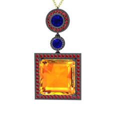 Sitrin, lab safir ve garnet 925 ayar siyah rodyum kaplama gümüş kolye (40 cm gümüş rolo zincir)