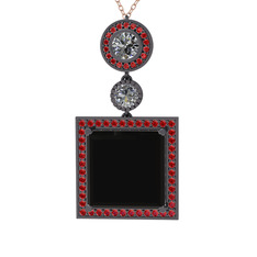 Toprak Kolye - Siyah zirkon, beyaz zirkon ve garnet 925 ayar siyah rodyum kaplama gümüş kolye (40 cm rose altın rolo zincir) #83yi9e