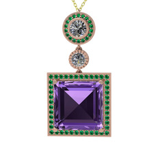 Toprak Kolye - Ametist, beyaz zirkon ve yeşil kuvars 14 ayar rose altın kolye (40 cm gümüş rolo zincir) #8heszm