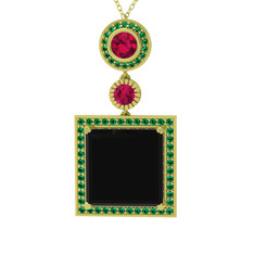 Siyah zirkon, rodolit garnet ve yeşil kuvars 8 ayar altın kolye (40 cm altın rolo zincir)