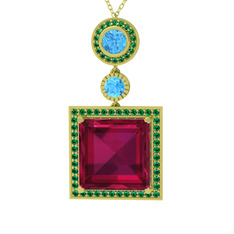 Rodolit garnet, akuamarin ve yeşil kuvars 8 ayar altın kolye (40 cm gümüş rolo zincir)