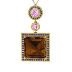 Dumanlı kuvars, pembe kuvars ve ametist 14 ayar altın kolye (40 cm rose altın rolo zincir)