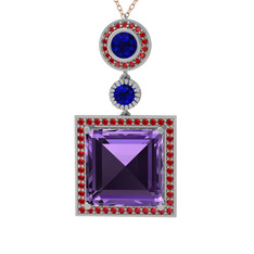 Ametist, lab safir ve garnet 8 ayar beyaz altın kolye (40 cm gümüş rolo zincir)