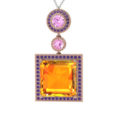 Toprak Kolye - Sitrin, pembe kuvars ve ametist 8 ayar rose altın kolye (40 cm beyaz altın rolo zincir) #9u7i1c