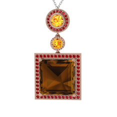 Dumanlı kuvars, sitrin ve garnet 8 ayar rose altın kolye (40 cm beyaz altın rolo zincir)