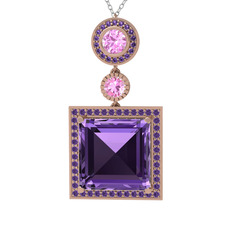 Toprak Kolye - Ametist ve pembe kuvars 8 ayar rose altın kolye (40 cm beyaz altın rolo zincir) #a8obcb