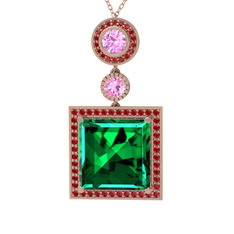 Yeşil kuvars, pembe kuvars ve garnet 18 ayar rose altın kolye (40 cm rose altın rolo zincir)