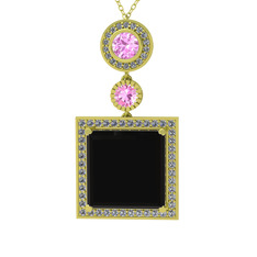 Siyah zirkon, pembe kuvars ve beyaz zirkon 925 ayar altın kaplama gümüş kolye (40 cm altın rolo zincir)