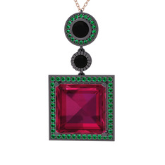 Toprak Kolye - Rodolit garnet, siyah zirkon ve yeşil kuvars 925 ayar siyah rodyum kaplama gümüş kolye (40 cm rose altın rolo zincir) #azz4hh