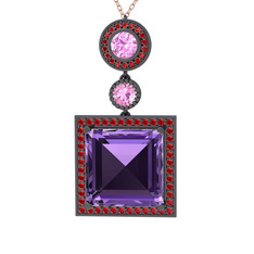 Toprak Kolye - Ametist, pembe kuvars ve garnet 925 ayar siyah rodyum kaplama gümüş kolye (40 cm rose altın rolo zincir) #b4ghq4