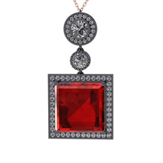 Garnet ve beyaz zirkon 925 ayar siyah rodyum kaplama gümüş kolye (40 cm gümüş rolo zincir)