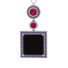 Toprak Kolye - Siyah zirkon, rodolit garnet ve ametist 14 ayar beyaz altın kolye (40 cm gümüş rolo zincir) #b7icgc