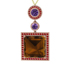 Dumanlı kuvars, ametist ve garnet 14 ayar rose altın kolye (40 cm altın rolo zincir)