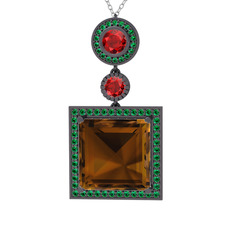 Toprak Kolye - Dumanlı kuvars, garnet ve yeşil kuvars 925 ayar siyah rodyum kaplama gümüş kolye (40 cm gümüş rolo zincir) #bon64m