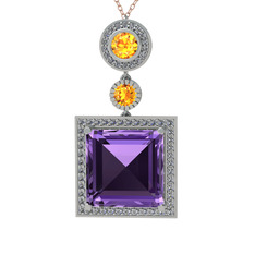 Toprak Kolye - Ametist, sitrin ve beyaz zirkon 14 ayar beyaz altın kolye (40 cm rose altın rolo zincir) #c4m13m