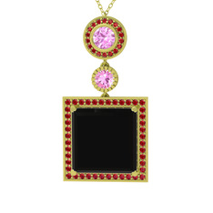 Toprak Kolye - Siyah zirkon, pembe kuvars ve garnet 14 ayar altın kolye (40 cm altın rolo zincir) #cc06jc