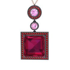 Toprak Kolye - Rodolit garnet, pembe kuvars ve garnet 925 ayar siyah rodyum kaplama gümüş kolye (40 cm rose altın rolo zincir) #cf1pyj