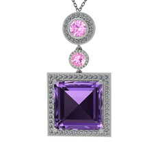 Ametist, pembe kuvars ve beyaz zirkon 14 ayar beyaz altın kolye (40 cm gümüş rolo zincir)