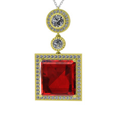 Garnet ve beyaz zirkon 8 ayar altın kolye (40 cm gümüş rolo zincir)