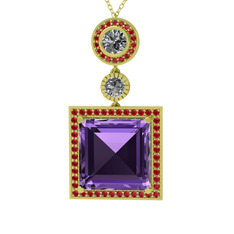 Toprak Kolye - Ametist, beyaz zirkon ve garnet 8 ayar altın kolye (40 cm altın rolo zincir) #d8uccd
