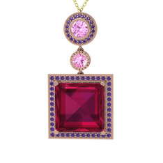 Toprak Kolye - Rodolit garnet, pembe kuvars ve ametist 14 ayar rose altın kolye (40 cm altın rolo zincir) #dt5iqk