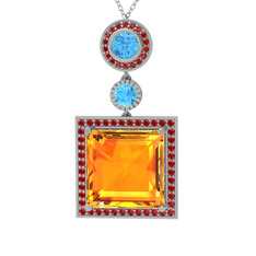 Toprak Kolye - Sitrin, akuamarin ve garnet 14 ayar beyaz altın kolye (40 cm gümüş rolo zincir) #e1serm