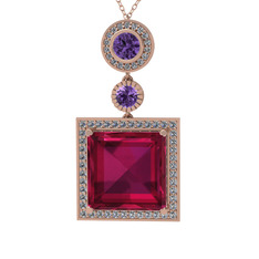Rodolit garnet, ametist ve beyaz zirkon 8 ayar rose altın kolye (40 cm rose altın rolo zincir)