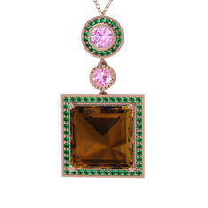 Toprak Kolye - Dumanlı kuvars, pembe kuvars ve yeşil kuvars 18 ayar rose altın kolye (40 cm gümüş rolo zincir) #egmvcy