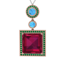 Toprak Kolye - Rodolit garnet, akuamarin ve yeşil kuvars 8 ayar rose altın kolye (40 cm beyaz altın rolo zincir) #enjgsh