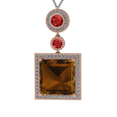 Dumanlı kuvars, garnet ve beyaz zirkon 925 ayar rose altın kaplama gümüş kolye (40 cm gümüş rolo zincir)
