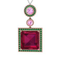 Rodolit garnet, pembe kuvars ve yeşil kuvars 14 ayar rose altın kolye (40 cm gümüş rolo zincir)