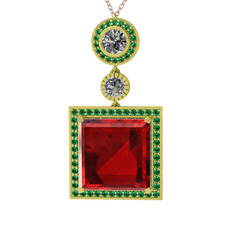 Garnet, beyaz zirkon ve yeşil kuvars 14 ayar altın kolye (40 cm rose altın rolo zincir)