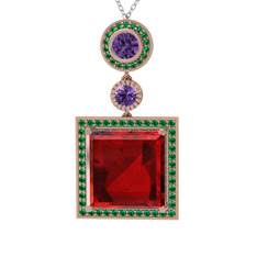 Toprak Kolye - Garnet, ametist ve yeşil kuvars 18 ayar rose altın kolye (40 cm beyaz altın rolo zincir) #f70ws