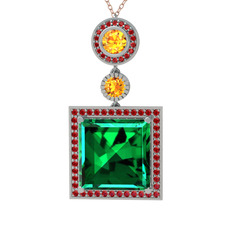 Yeşil kuvars, sitrin ve garnet 8 ayar beyaz altın kolye (40 cm gümüş rolo zincir)