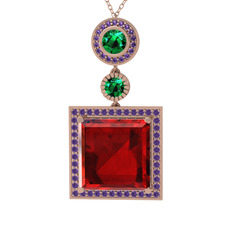 Garnet, yeşil kuvars ve ametist 8 ayar rose altın kolye (40 cm rose altın rolo zincir)