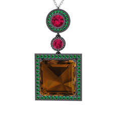 Toprak Kolye - Dumanlı kuvars, rodolit garnet ve yeşil kuvars 925 ayar siyah rodyum kaplama gümüş kolye (40 cm beyaz altın rolo zincir) #fiz9k2