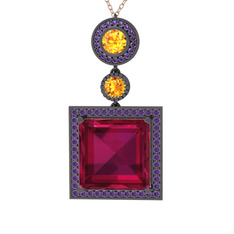Rodolit garnet, sitrin ve ametist 925 ayar siyah rodyum kaplama gümüş kolye (40 cm gümüş rolo zincir)