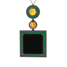 Toprak Kolye - Siyah zirkon, sitrin ve yeşil kuvars 925 ayar siyah rodyum kaplama gümüş kolye (40 cm gümüş rolo zincir) #gapz23