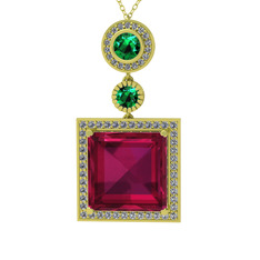 Toprak Kolye - Rodolit garnet, yeşil kuvars ve beyaz zirkon 925 ayar altın kaplama gümüş kolye (40 cm altın rolo zincir) #gm73z9