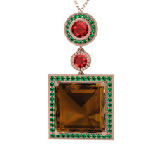 Dumanlı kuvars, garnet ve yeşil kuvars 14 ayar rose altın kolye (40 cm rose altın rolo zincir)
